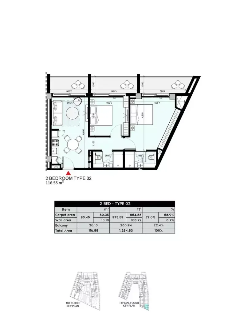 Azizi Arian floor plan 2 BR · 1254 sqft