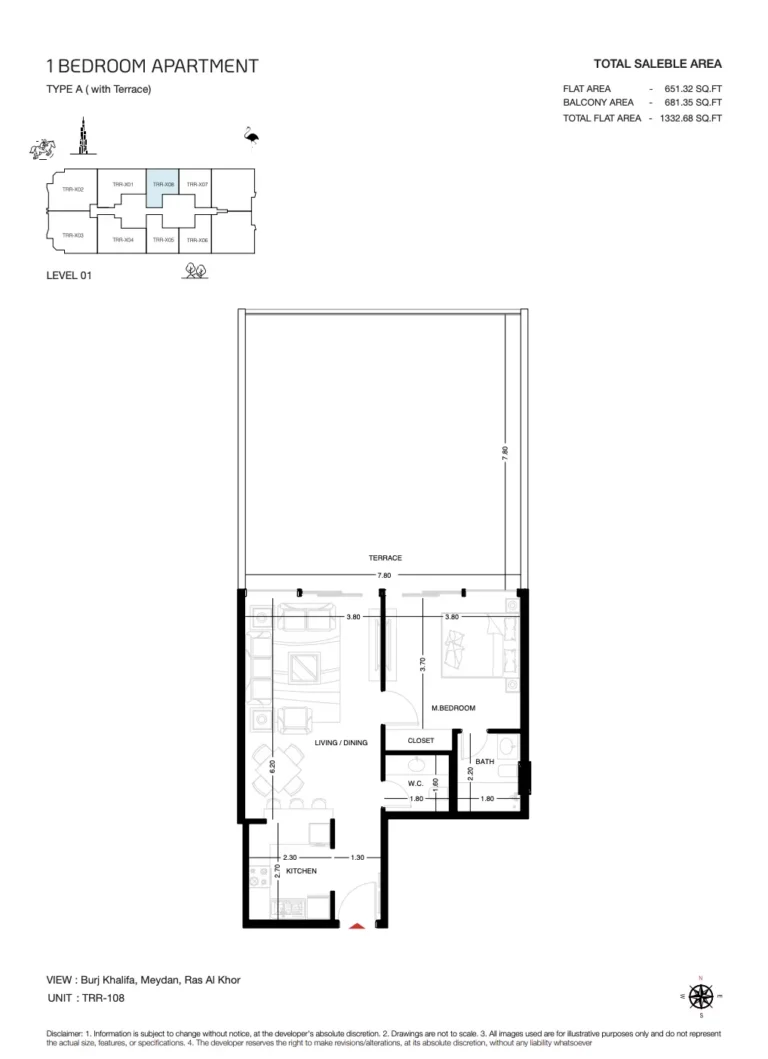 The Roof Residence floor plan 1-спальн. · 1332 sqft