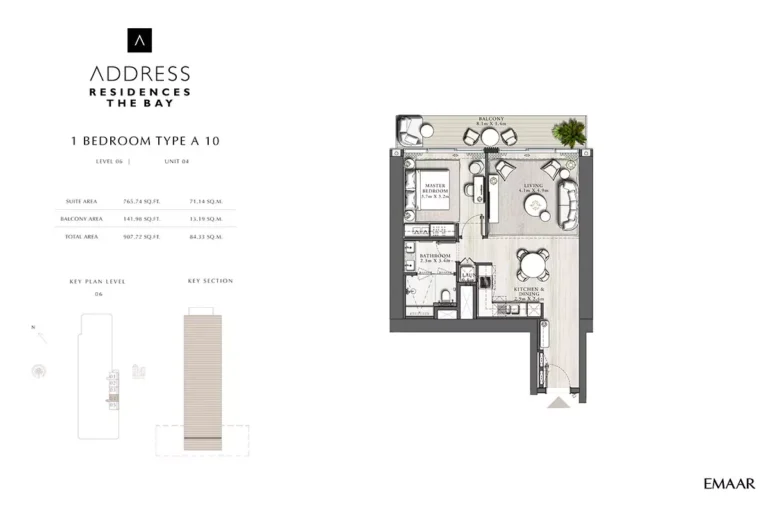 Address Residences The Bay floor plan 1-спальн. · 907 sqft