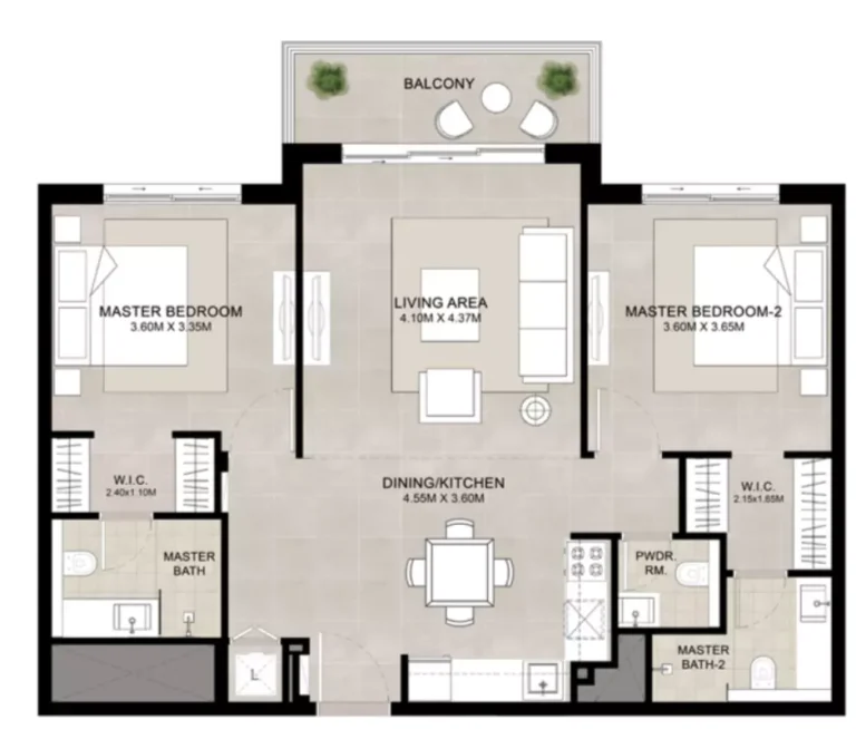 Fia floor plan 2-спальн. · 1017 sqft