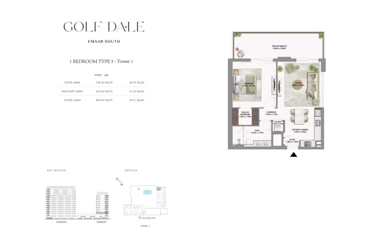 Golf Dale floor plan 1-спальн. · 969 sqft