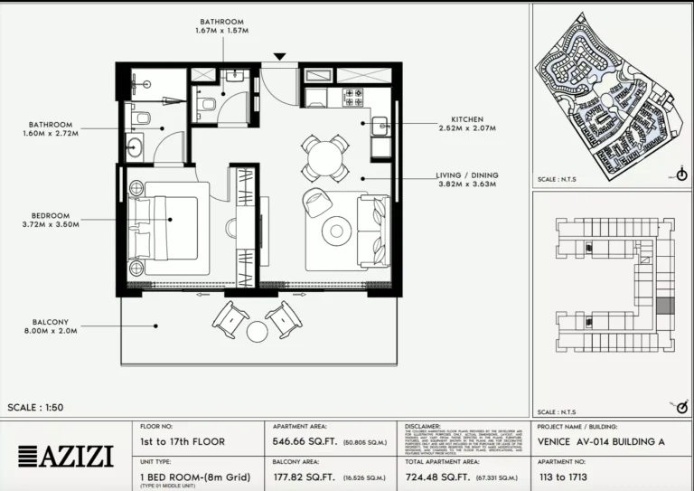 Azizi Venice 14 floor plan 1-спальн. · 724 sqft
