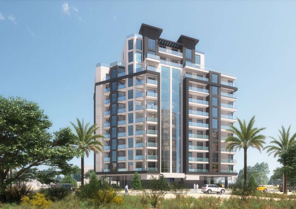 Exterior render of mid-rise residential building with palm trees