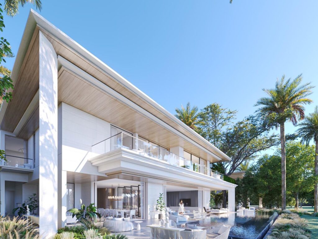 Exterior view of modern two-story villa with pool and palm trees
