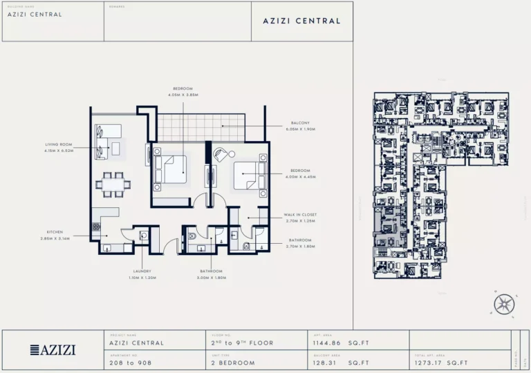 Azizi Central floor plan 2-спальн. · 1273 sqft