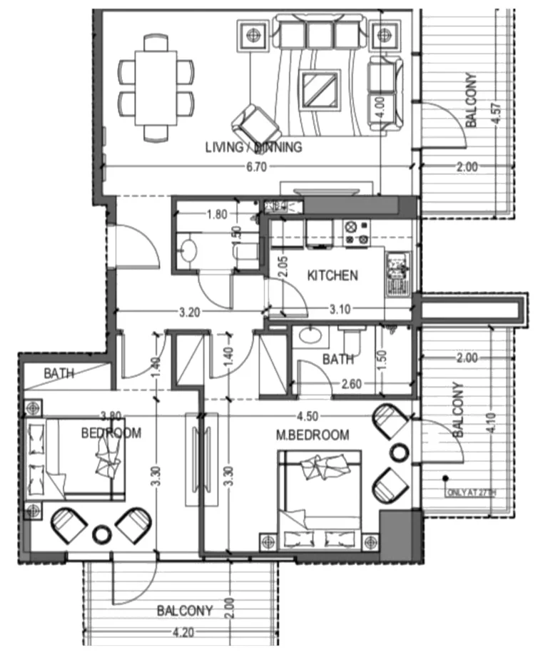 Violet Tower floor plan 2 BR · 1217 sqft