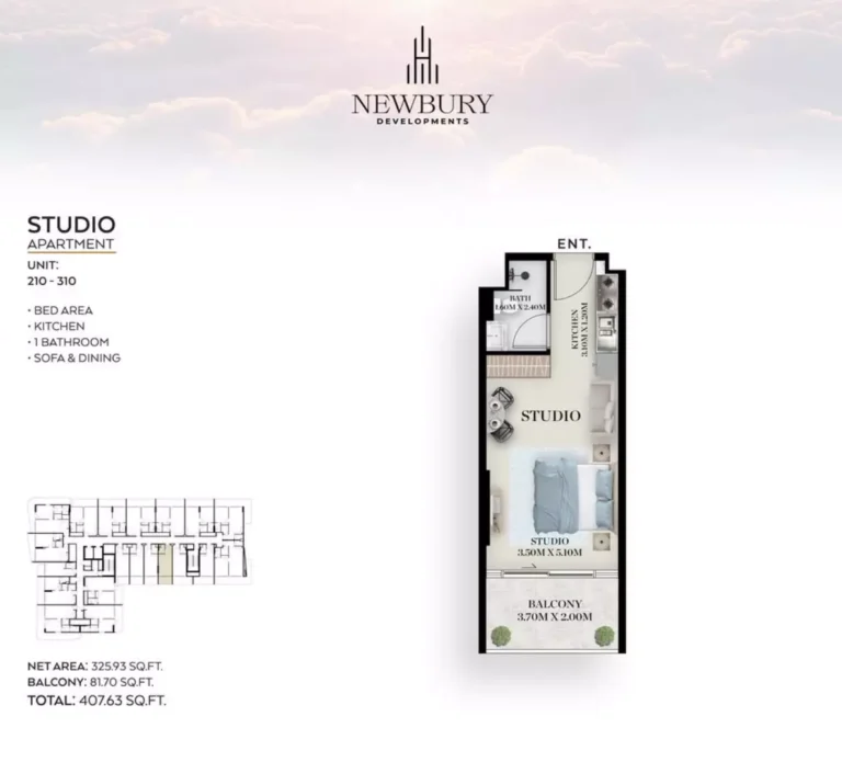 Chapter 01 by Newbury floor plan Studio · 407 sqft