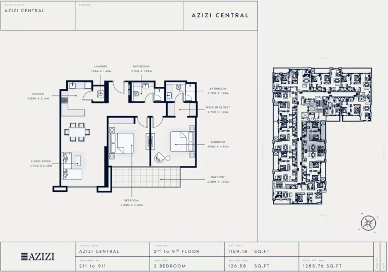 Azizi Central floor plan 2-спальн. · 1285 sqft