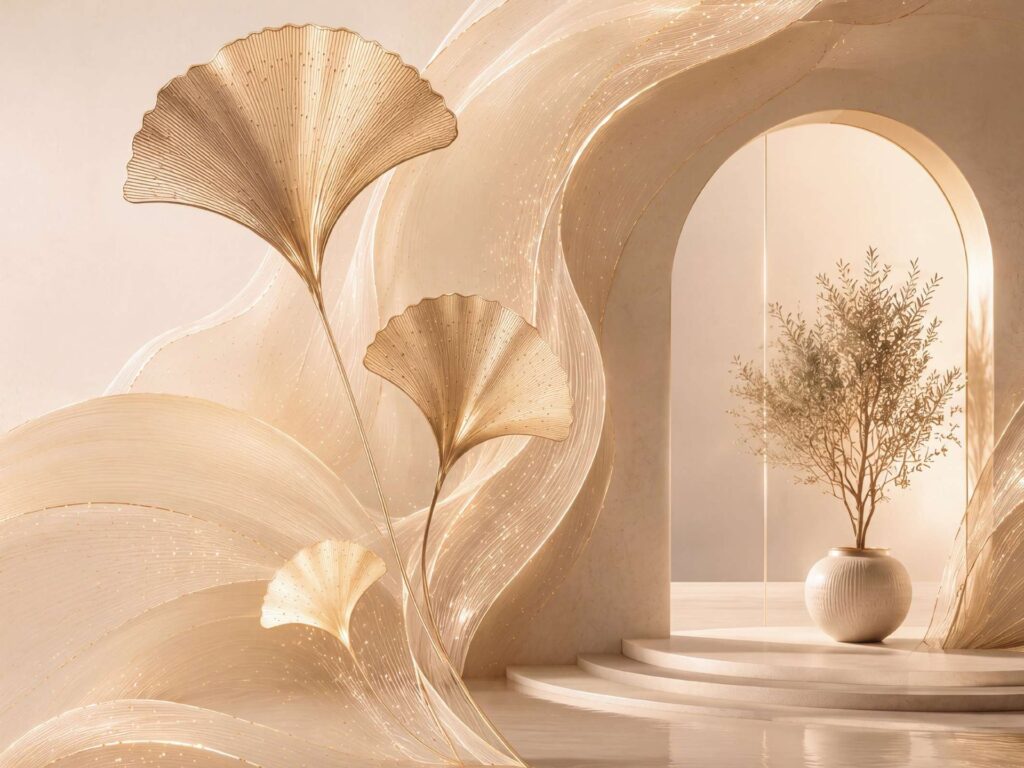 abstract architectural interior with curved arch and potted plant