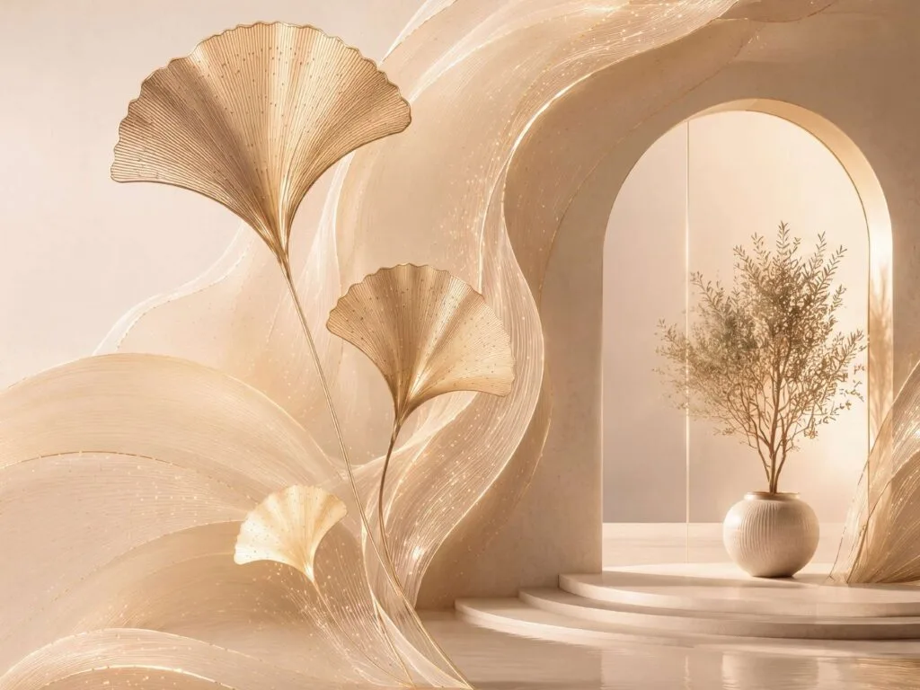 abstract architectural interior with curved arch and potted plant