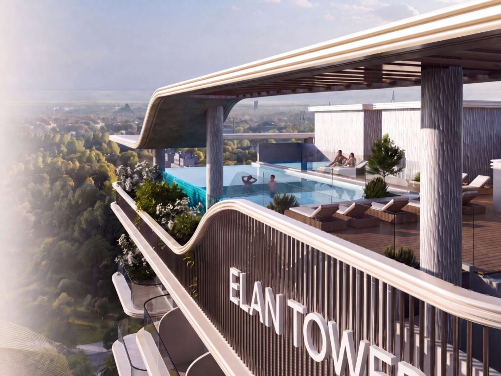 Rooftop pool and lounge area on modern high-rise building