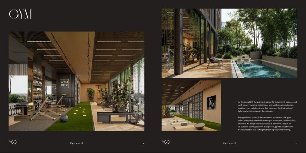 Indoor gym with exercise equipment and outdoor pool area