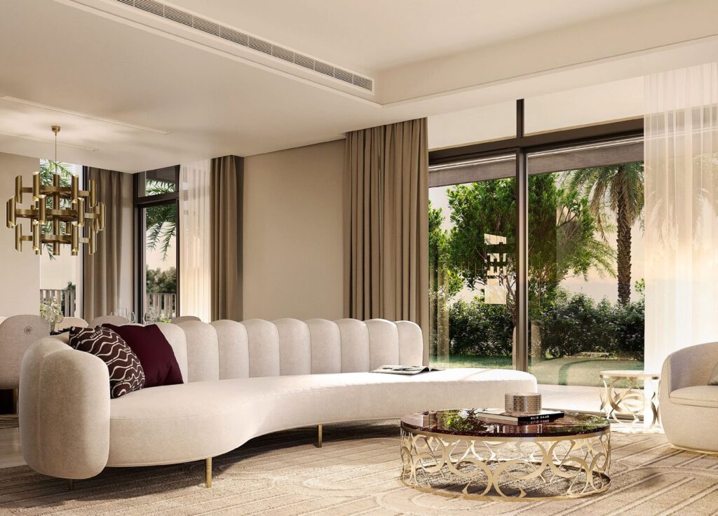 Interior living room with curved sofa and large window view
