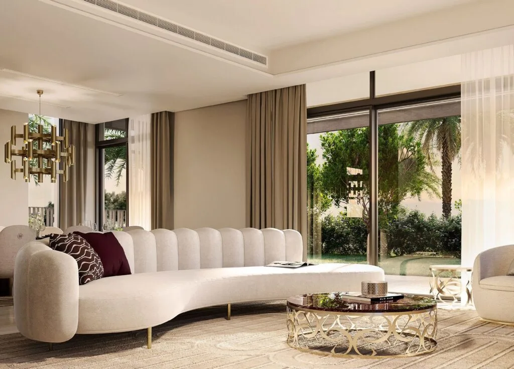 Interior living room with curved sofa and large window view