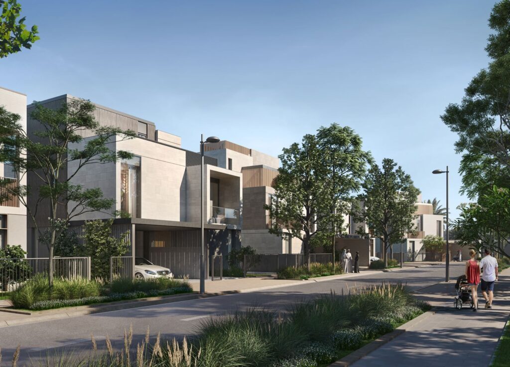 Street view of modern four and five-bedroom villas with trees