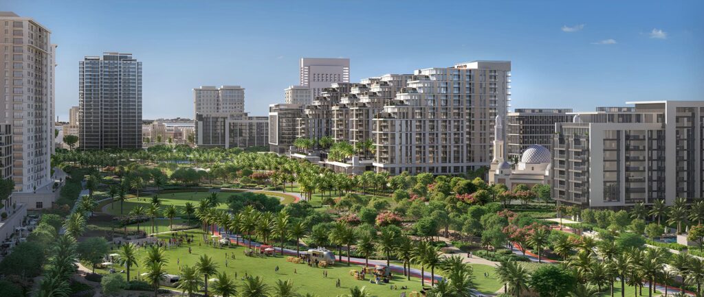 Elvira at Dubai Hills Tower B — Архитектурный рендер жилого комплекса с парком
