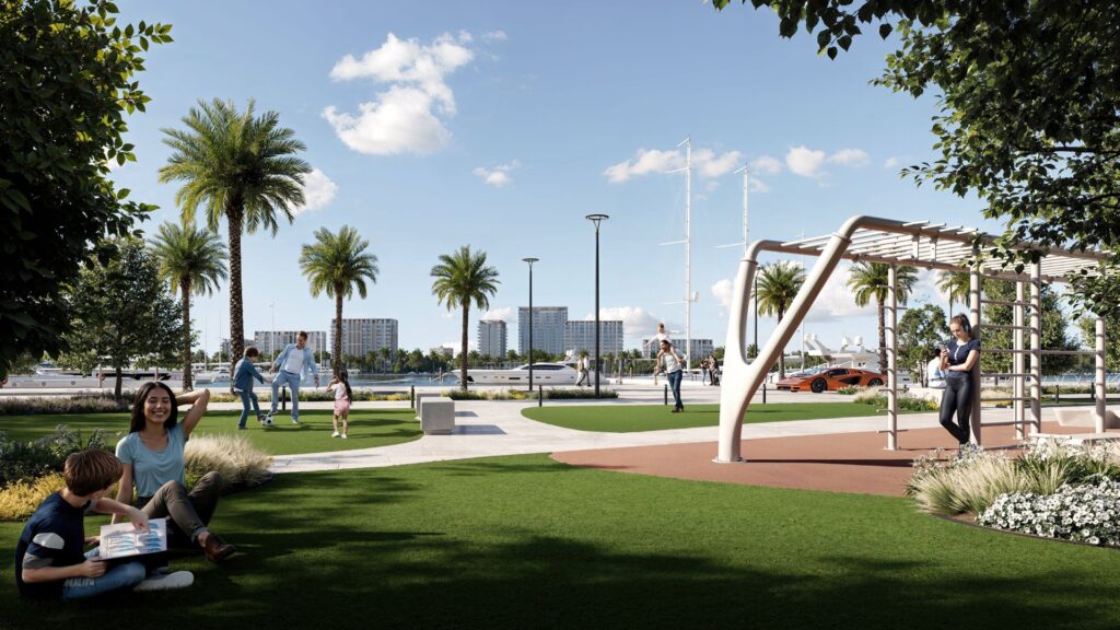 Outdoor community park with palm trees and exercise equipment