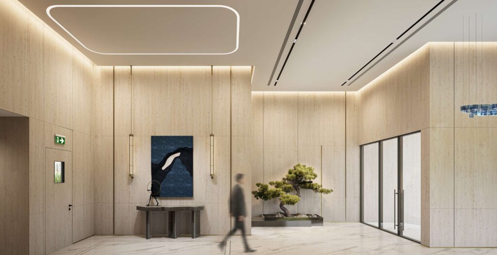 Interior view of a reception and lobby area with modern design