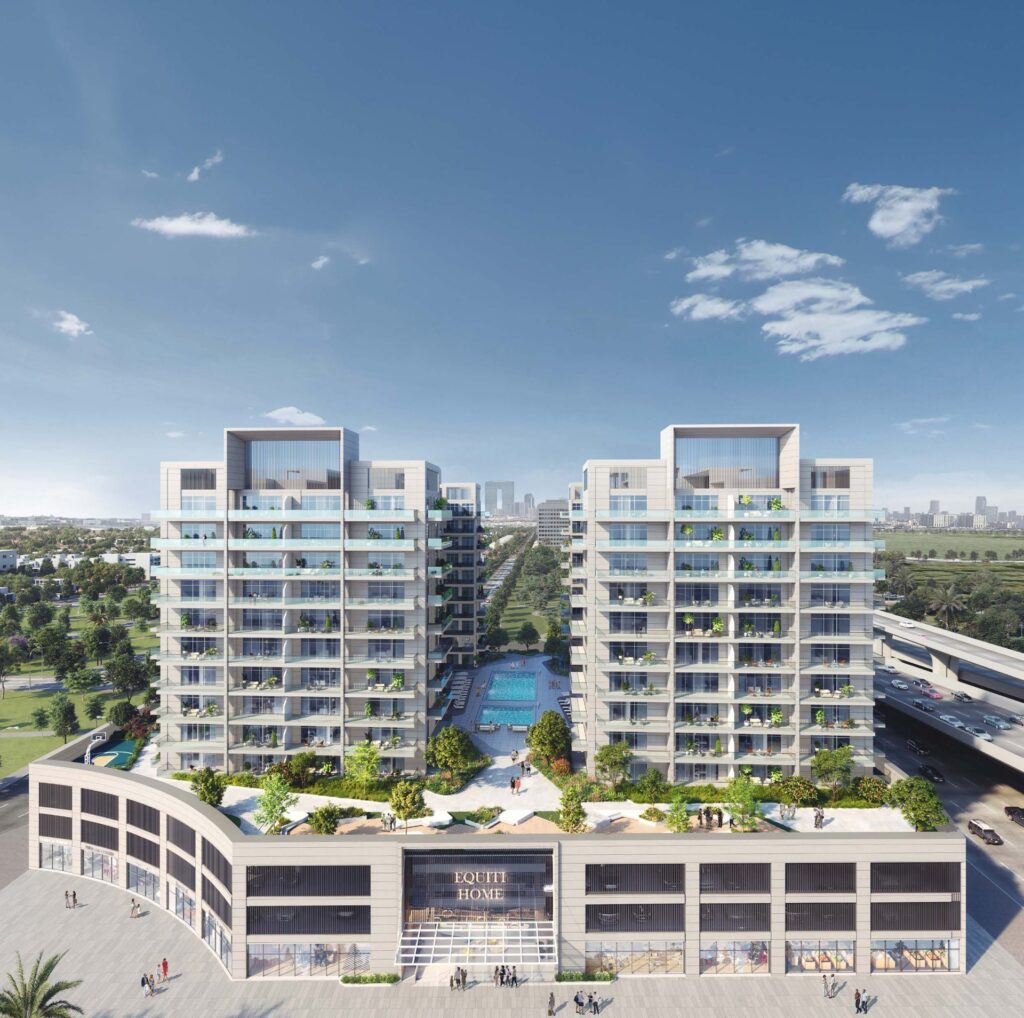 Exterior view of two mid-rise residential buildings with pool