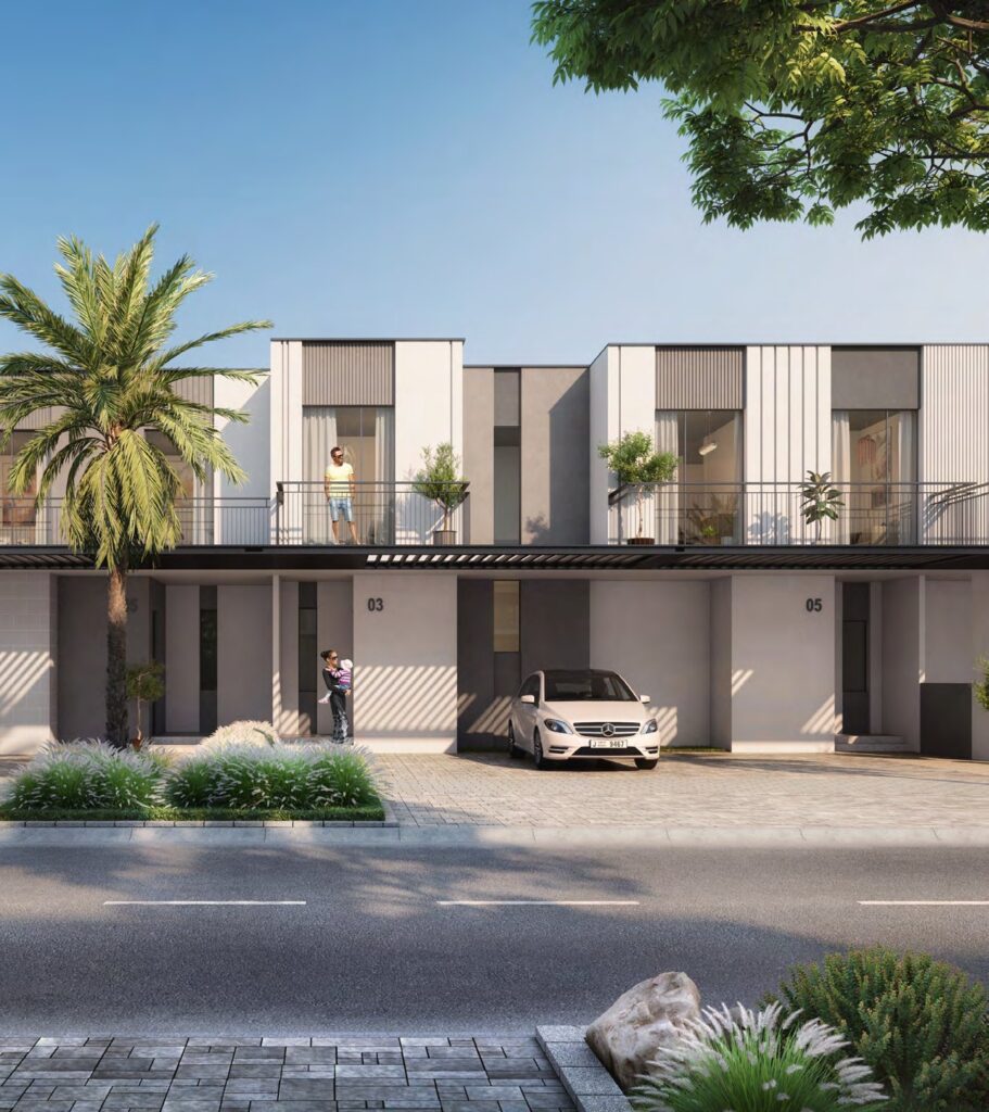 Exterior view of modern two-story villas with parked car