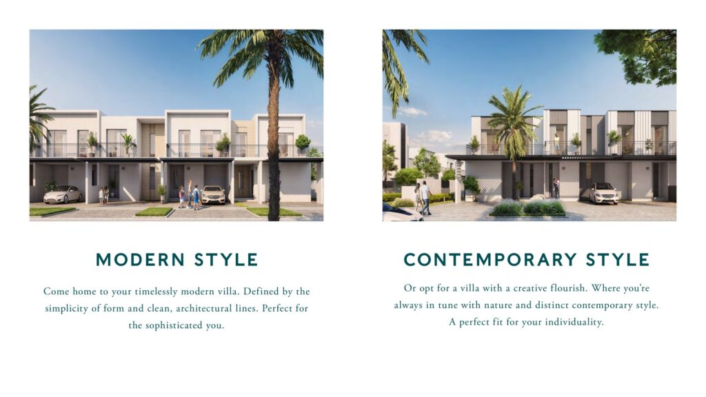 Two rows of modern and contemporary style villas with palm trees