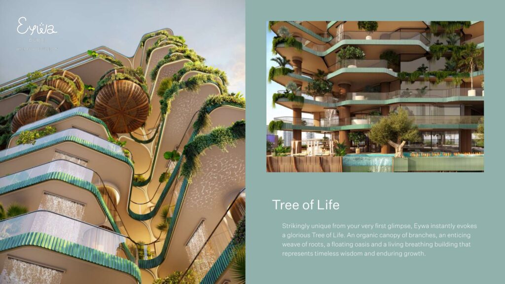 Exterior architectural render of a multi-level building with greenery