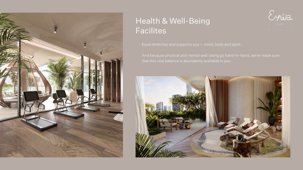 Indoor gym with treadmills and outdoor lounge area with chairs