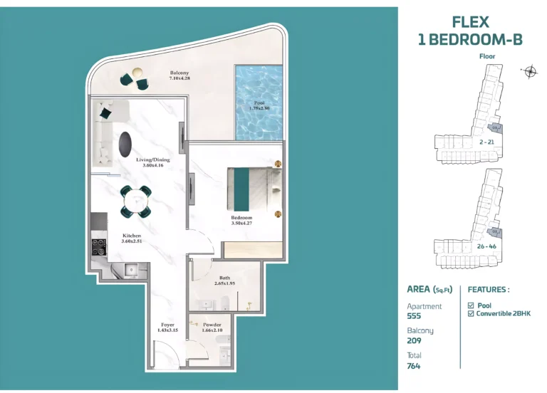 Breez by Danube floor plan 1-спальн. · 764 sqft