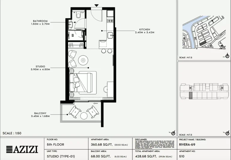 Azizi Riviera 69 floor plan Студия · 428 sqft