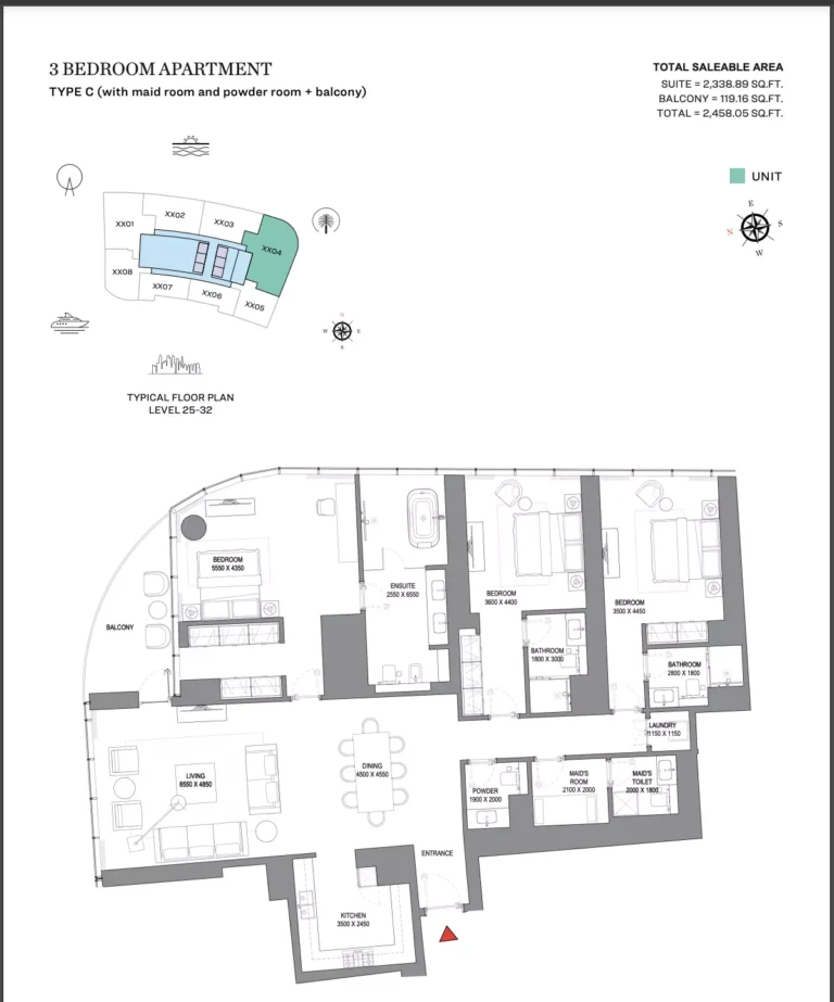 Sobha Seahaven floor plan 3 BR · 2458 sqft