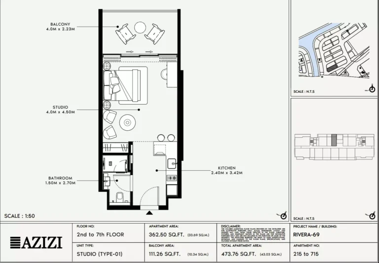 Azizi Riviera 69 floor plan Студия · 473 sqft