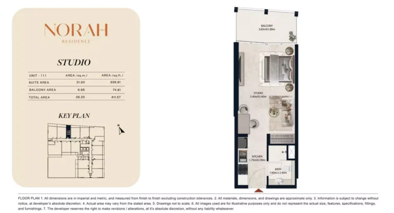 Norah Residence floor plan Studio · 411 sqft