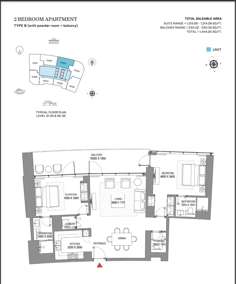 Sobha Seahaven floor plan 2 BR · 1444 sqft