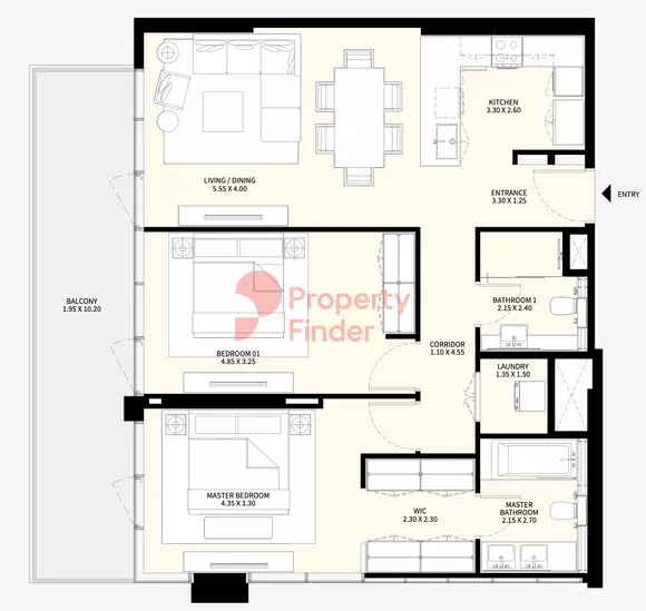 Naya at District One floor plan 2-спальн. · 1304 sqft
