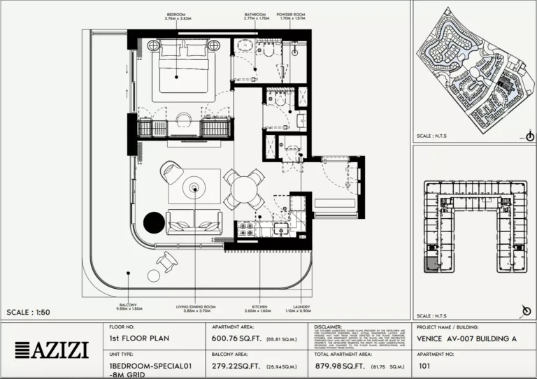 Azizi Venice 7 floor plan 1 BR · 879 sqft