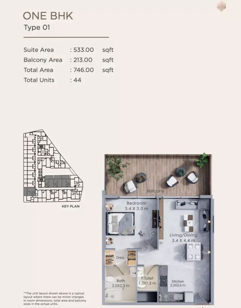 Terra Tower floor plan 1-спальн. · 746 sqft