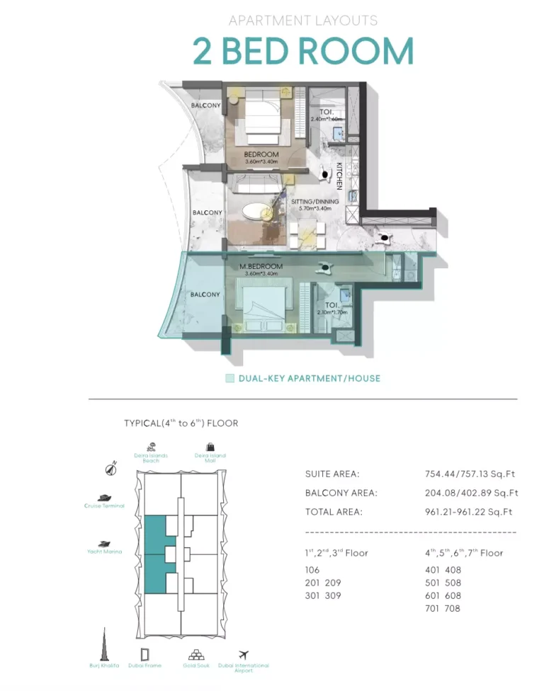 Nautis Residences floor plan 2-спальн. · 961 sqft