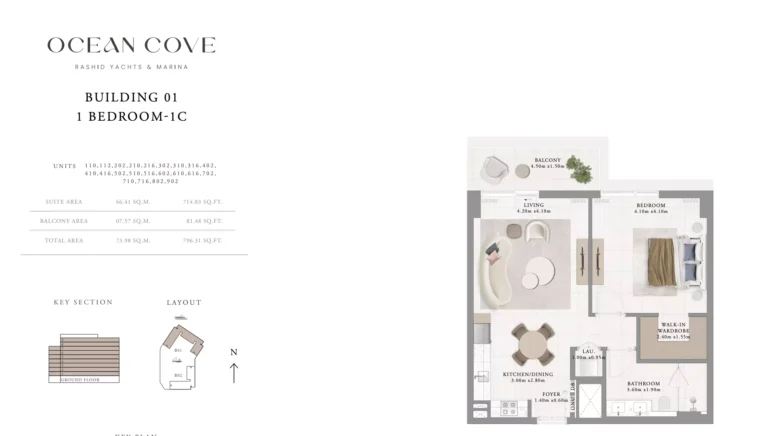 Ocean Cove floor plan 1 BR · 796 sqft