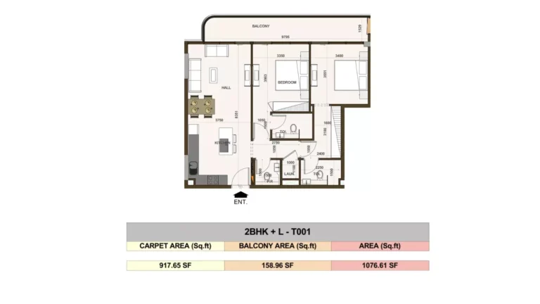 Casa Aura Residence floor plan 2-спальн. · 1076 sqft
