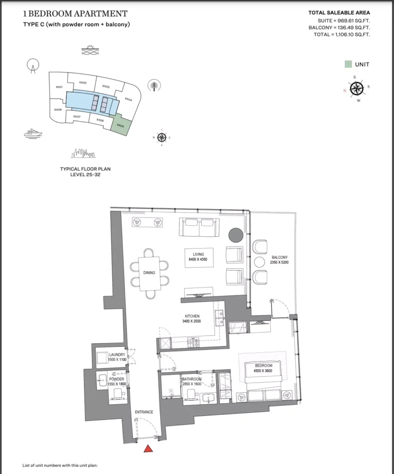 Sobha Seahaven floor plan 1 BR · 1106 sqft
