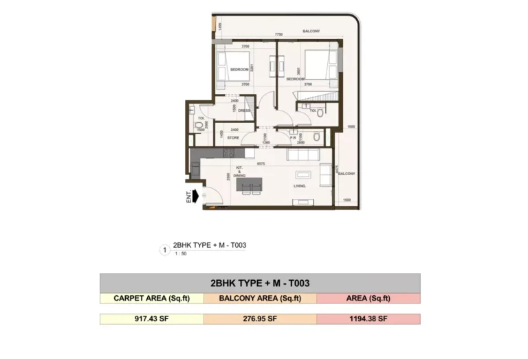 Casa Aura Residence floor plan 2-спальн. · 1194 sqft