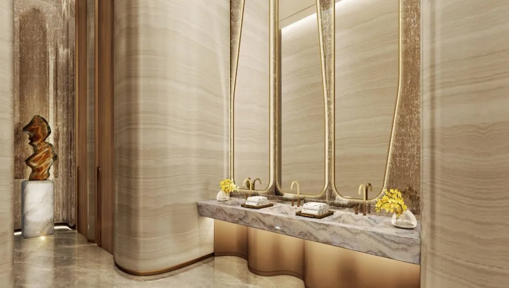 Hotel lobby and lounge interior with seating and decorative elements