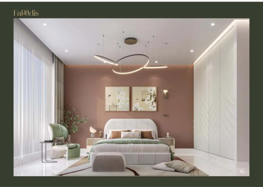 Modern bedroom interior with bed, chair, and large window