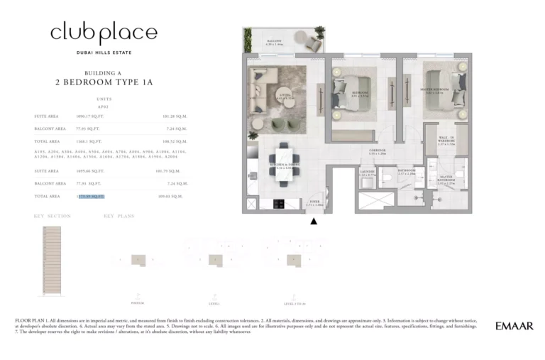Club Place floor plan 2-спальн. · 1173 sqft