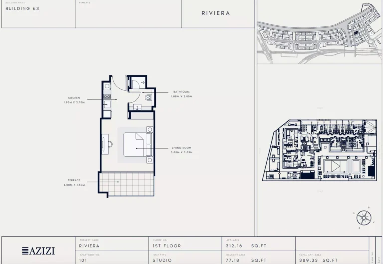 Azizi Riviera 63 floor plan Студия · 389 sqft
