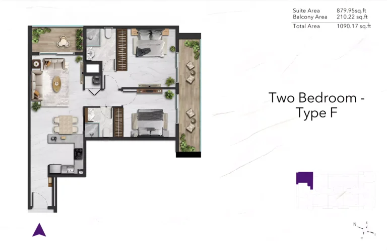 Amethyst by Siroya floor plan 2-спальн. · 1090 sqft