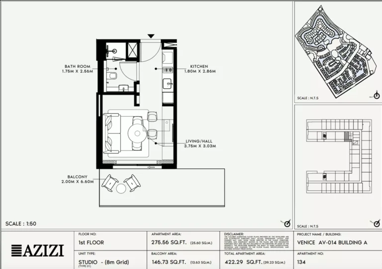 Azizi Venice 14 floor plan Студия · 422 sqft