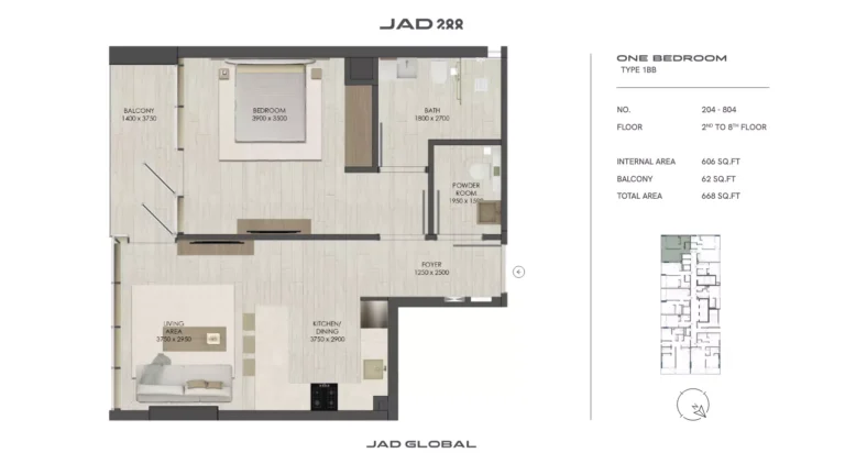 JAD 288 floor plan 1 BR · 666 sqft