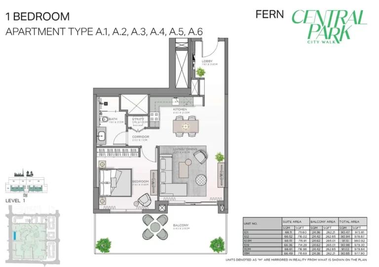Fern at Central Park floor plan 1-спальн.