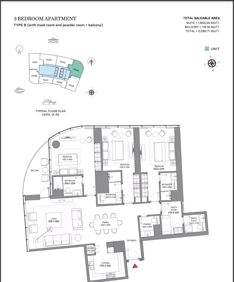 Sobha Seahaven floor plan 3 BR · 2082 sqft